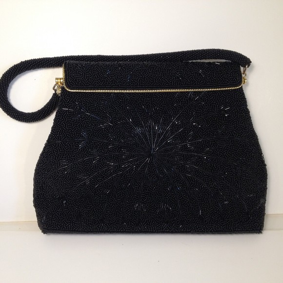 Vintage Black Beautifully Beaded Evening Handbag Gold Trim - Picture 11 of 12